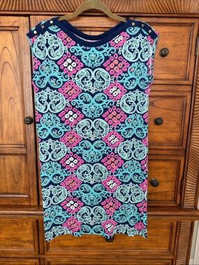 Lilly Pulitzer Navy Dress with Aqua & Pink Scroll Print
